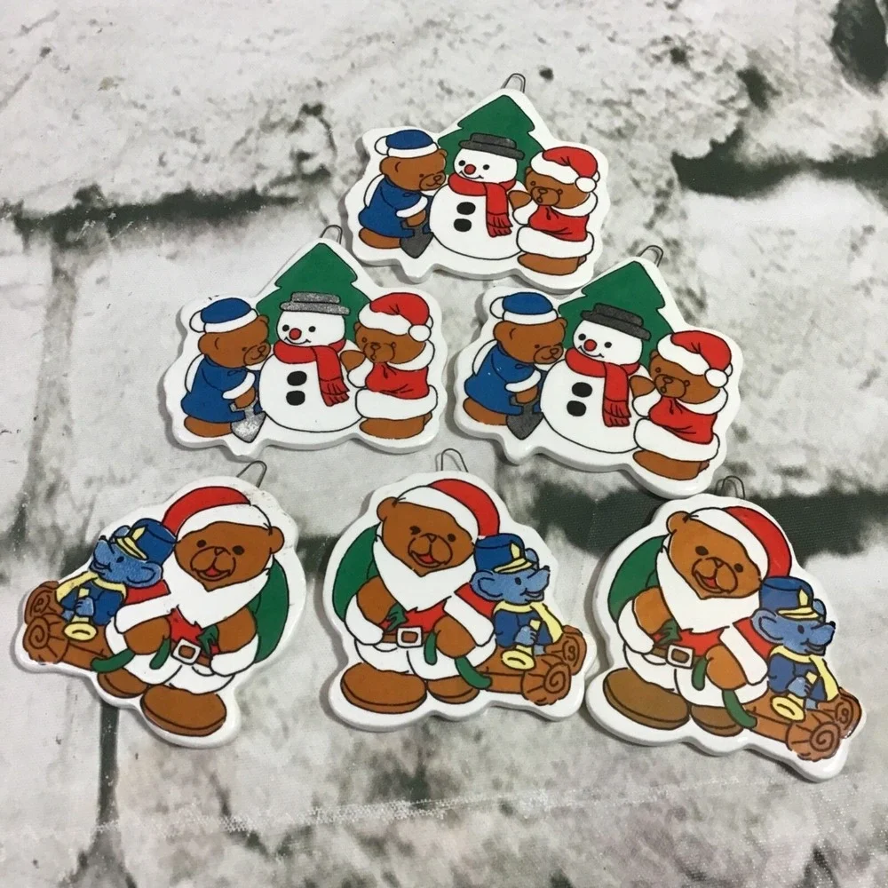 Christmas Ornaments Teddy Bears Snowmen Matching Lot Of 6 Flat Ceramic Approx 2